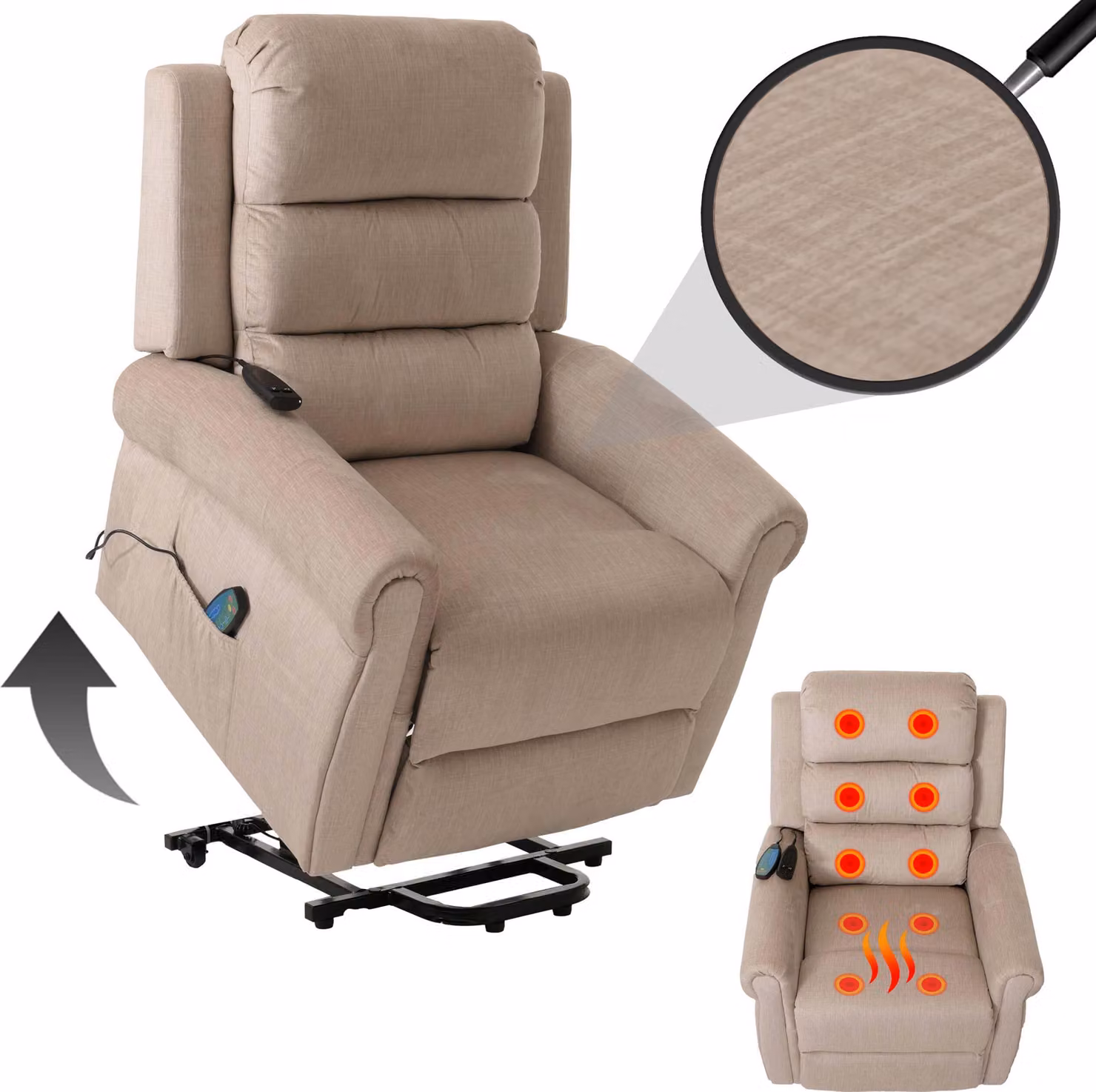 Poltrona TV HWC-K63, poltrona relax, funzione reclinabile, ausilio per alzarsi, funzione massaggio, funzione riscaldamento, tessuto 220 g/m² ciniglia ~ crema