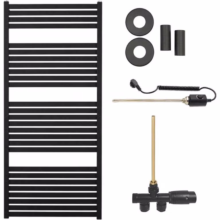 Set radiatore per bagno Vincenzo - riscaldamento combinato, barra termica - collegamento laterale a un punto - 600W - nero opaco - 1330x600 mm