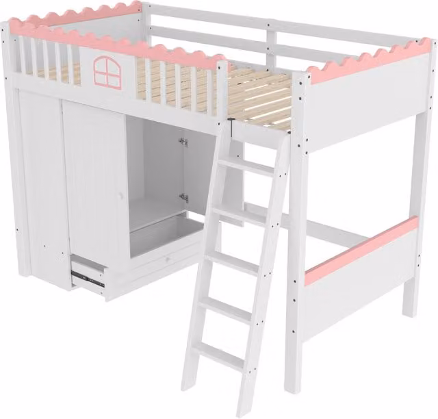 Letto a soppalco per bambini 90×200 cm 1 posto con LED, armadio e cassetto, senza materasso, in pino e MDF bianco