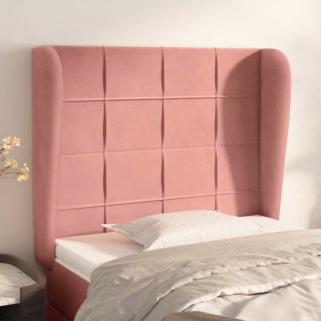 Testiera ad orecchio vidaXL in velluto rosa con struttura in legno e MDF L: 103 cm, P: 23 cm, H: 118-128 cm
