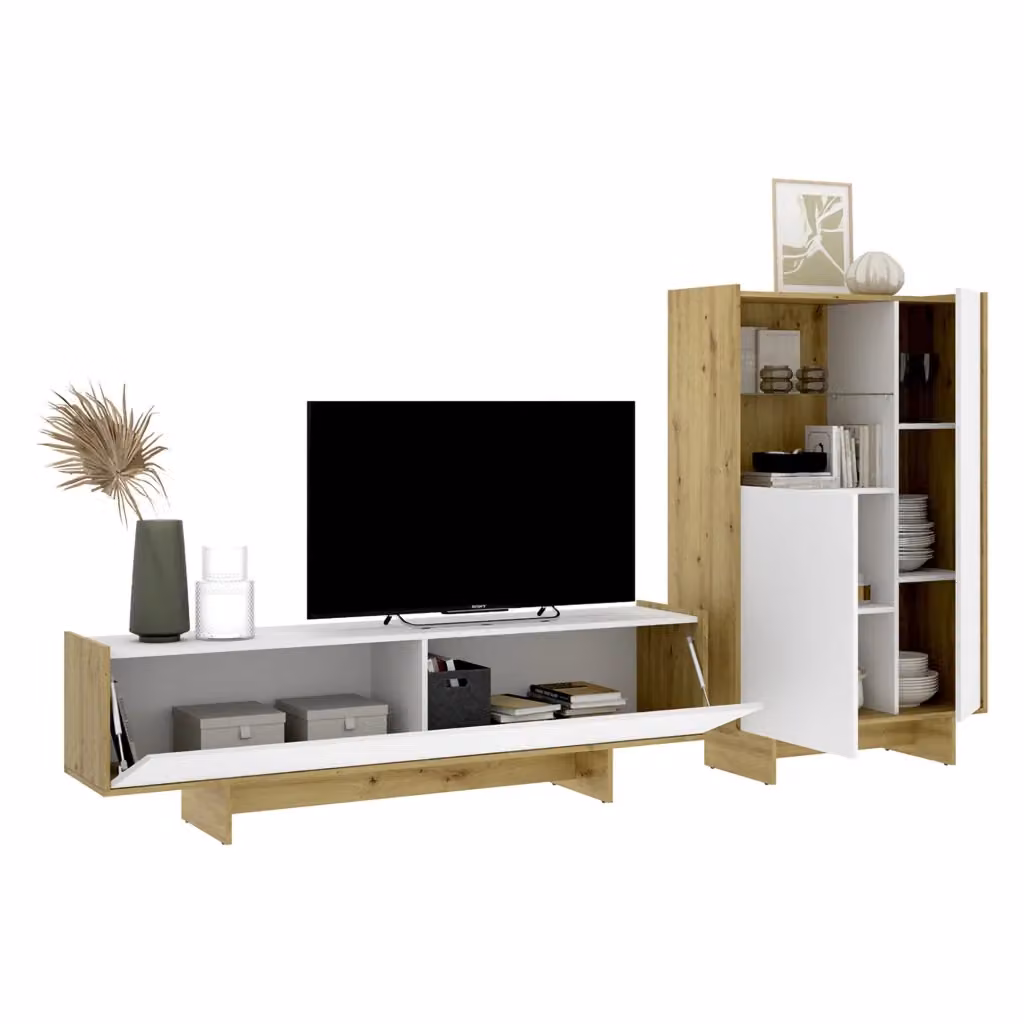 Set Mobili da Soggiorno DMORA in Legno e Vetro, Bianco e Marrone, Stile Moderno Matt – 2