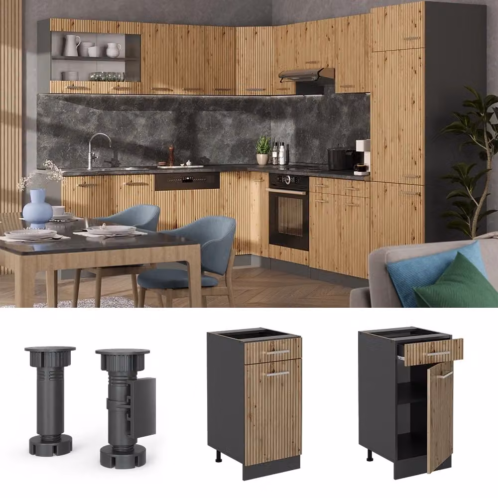 Mobiletto base per cucina Vicco R-Line in Rovere e Antracite con piano in marmo, L: 40 cm, H: 81,6 cm, P: 60 cm – 2