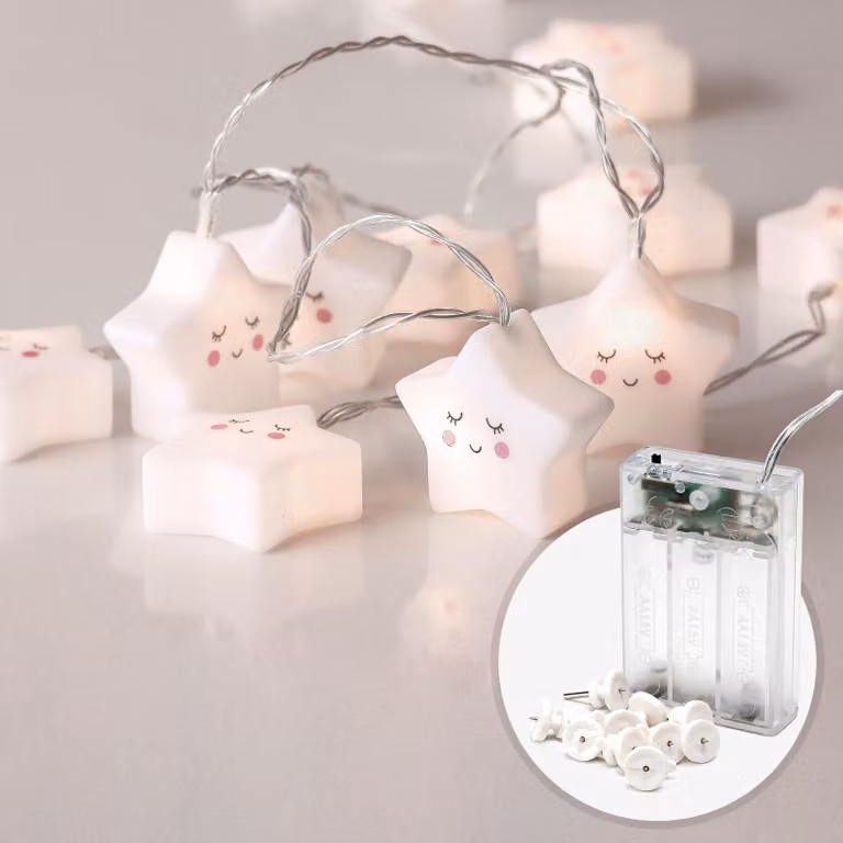 Catena luminosa con 20 LED, lunghezza 5 metri, luce bianco caldo, con timer e alimentazione a batteria