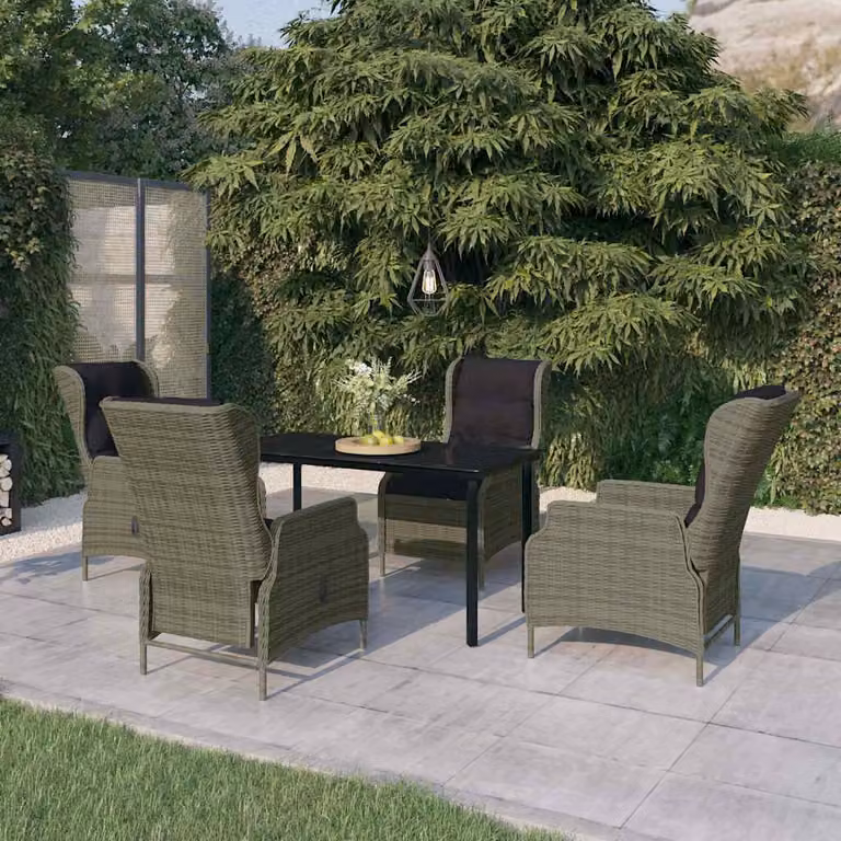 Set da pranzo da giardino moderno vidaXL in metallo e rattan con tavolo in vetro marrone e nero