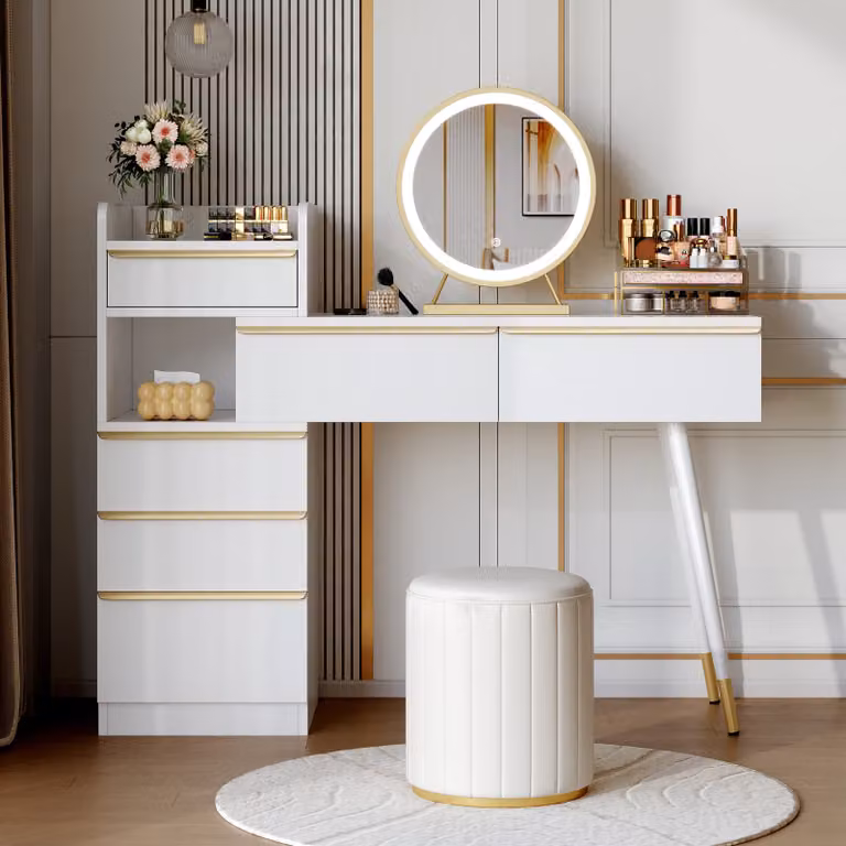 Comodino Merax con specchio LED e 6 cassetti, piano allungabile, illuminazione dimmerabile in 3 colori, bianco con maniglie dorate, 100x41,5x102