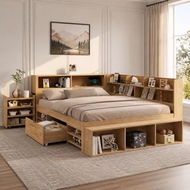 Desviae Letto per bambini 140 × 200 cm con rete a doghe cassetto ripiani armadi contenitore in compensato naturale senza materasso