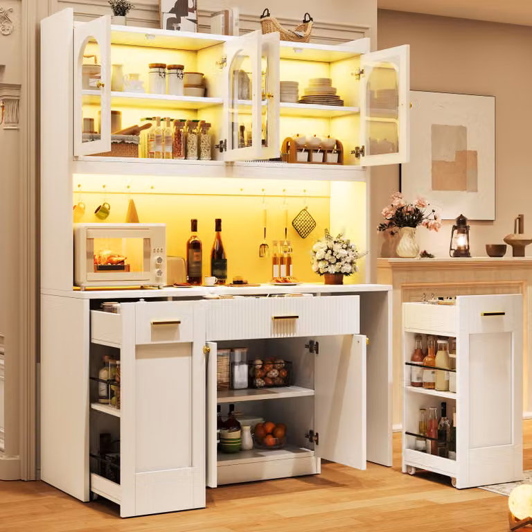 Mobiletto da cucina di alta qualità con illuminazione RGB a LED e controllo tramite app, mobiletto da cucina con 3 vetrine e cassetti, armadietto contenitore con ripiani scorrevoli su entrambi i lati