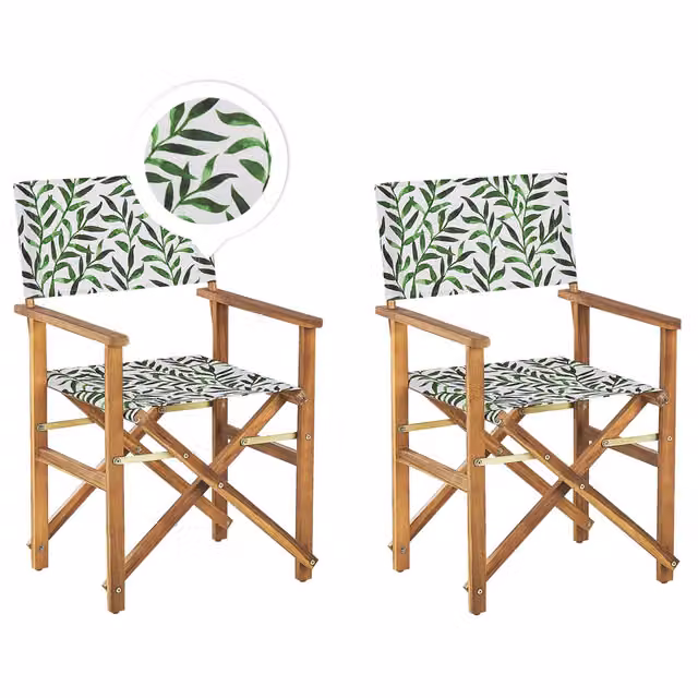 Set di 2 sedie da regista BELIANI in legno di acacia con tessuto floreale bianco e verde, pieghevoli e con 2 tele intercambiabili