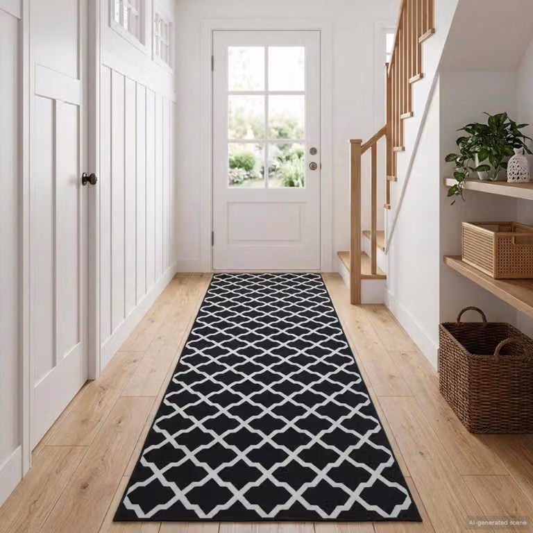 Tappeto Runner vidaXL LESAKA con design geometrico moderno, nero e bianco, L 350 cm x P 50 cm