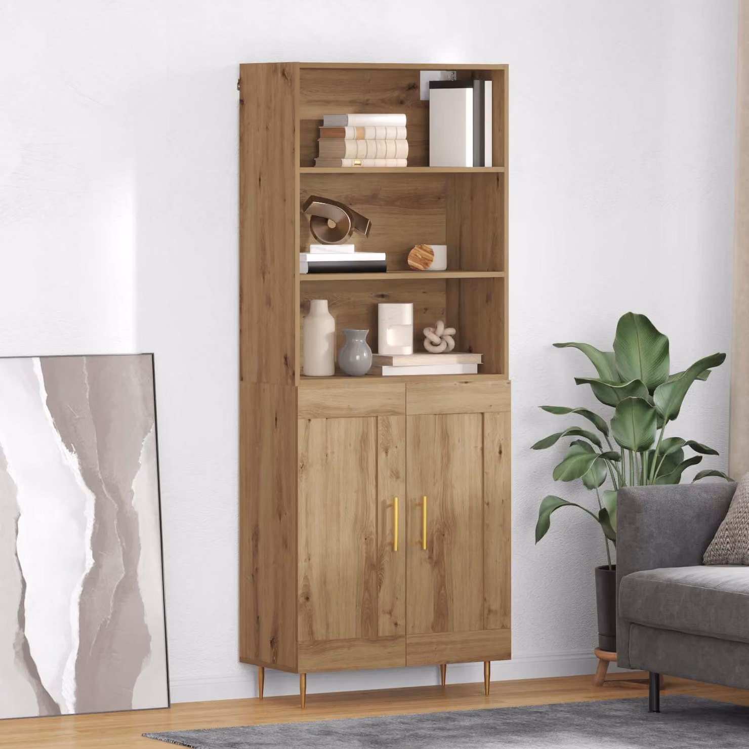 Credenza moderna vidaXL in rovere e metallo, L: 69,5 cm, P: 34 cm, H: 180 cm