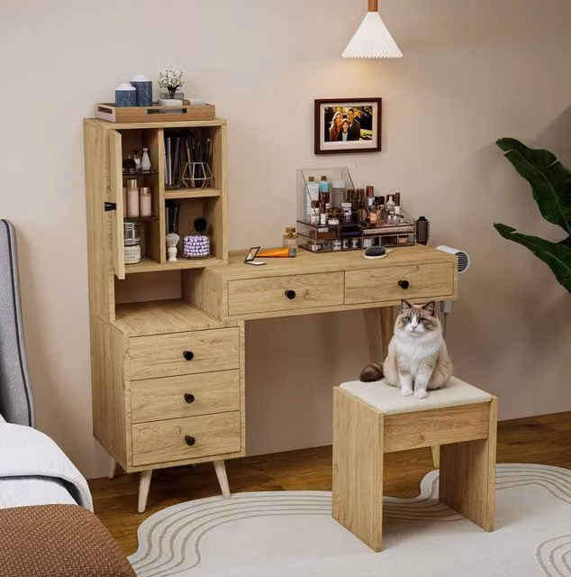 Tavolo da trucco con specchio estraibile; 5 cassetti e mobile laterale; naturale/beige