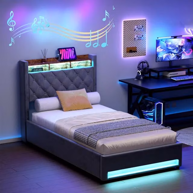 Desviae Letto contenitore imbottito 90 × 200 cm con USB, 2 prese, LED, struttura in metallo, velluto grigio con testiera retro