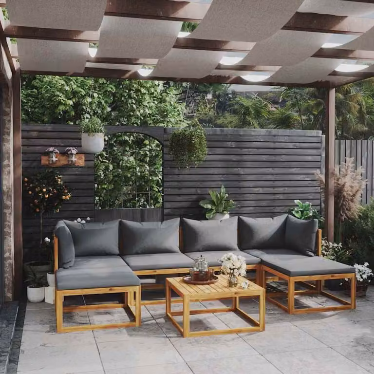 Set di divani da giardino vidaXL in legno massello di acacia con cuscini grigi, 7 pezzi