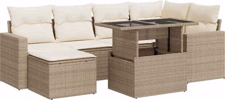Set Divani da Giardino 7 pz con Cuscini Beige in Polyrattan