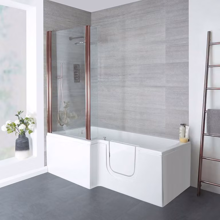 Vasca da Bagno Asimmetrica con Doccia e Accesso Facile – 1700mm x 850mm – Entrata da Destra con Anta Cromata - Merso