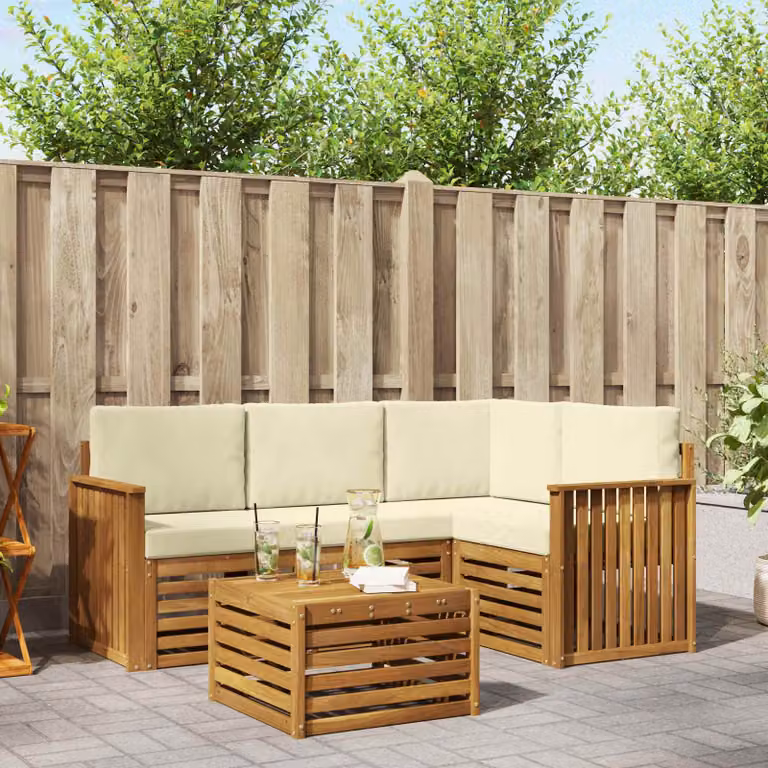 Set di divani da esterno vidaXL a forma di L con tavolo da caffè, struttura in legno di acacia e cuscini inclusi, colore beige e marrone