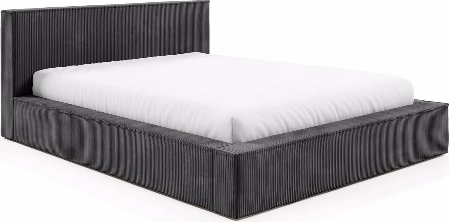 Letto imbottito GUTTO FILO grigio 140x200 in velluto a coste con rete a doghe in metallo. Design moderno in colori di tendenza, con vano contenitore