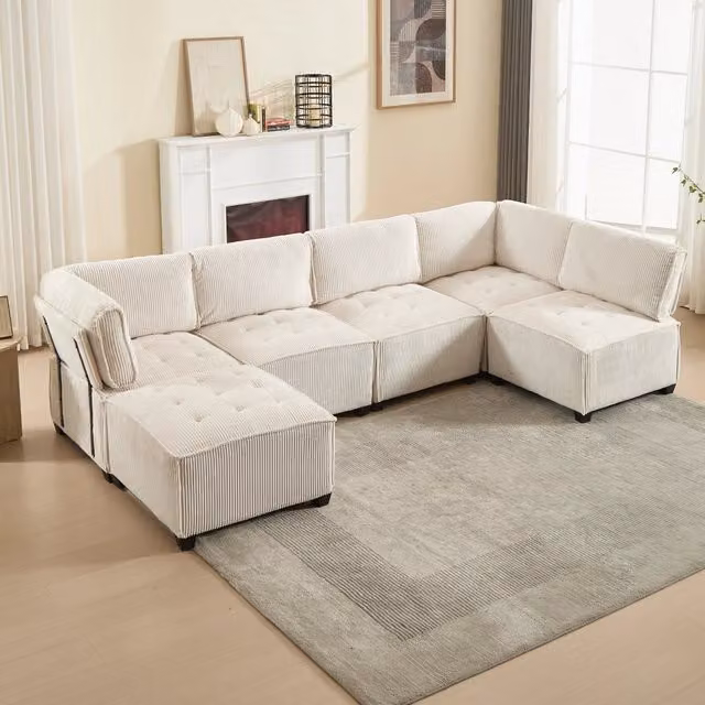 Sofa modulare WISHDOR da 6 posti in velluto a coste beige, combinabile e con funzione letto, L 308 x P 154 x H 82 cm