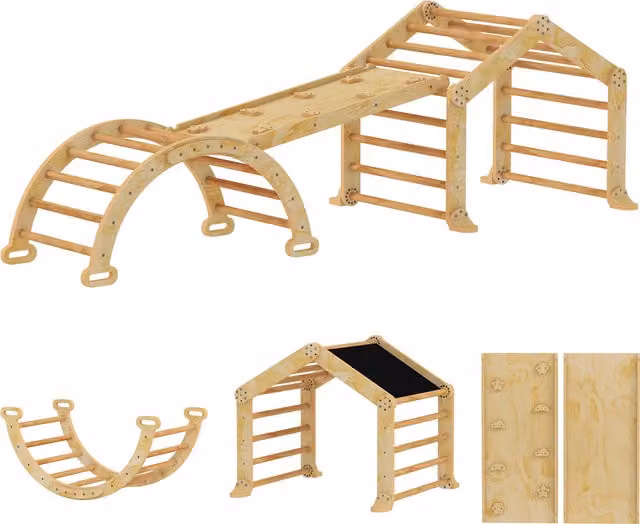 Struttura da arrampicata indoor 9-in-1 AIYAPLAY in legno marrone con rampa, scivolo, scala e lavagna per bambini piccoli