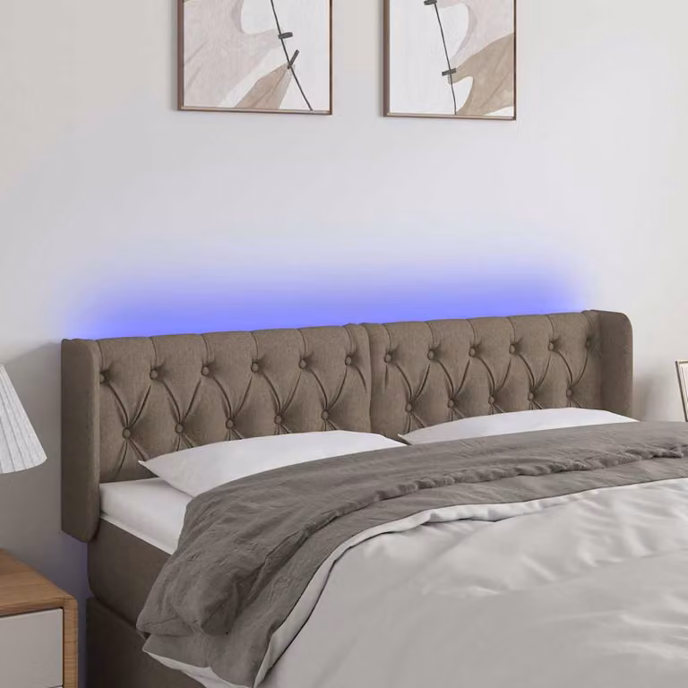 Testiera per letto con illuminazione LED e porta di ricarica USB vidaXL in tessuto tortora, L: 163 cm, P: 16 cm, H: 78-88 cm