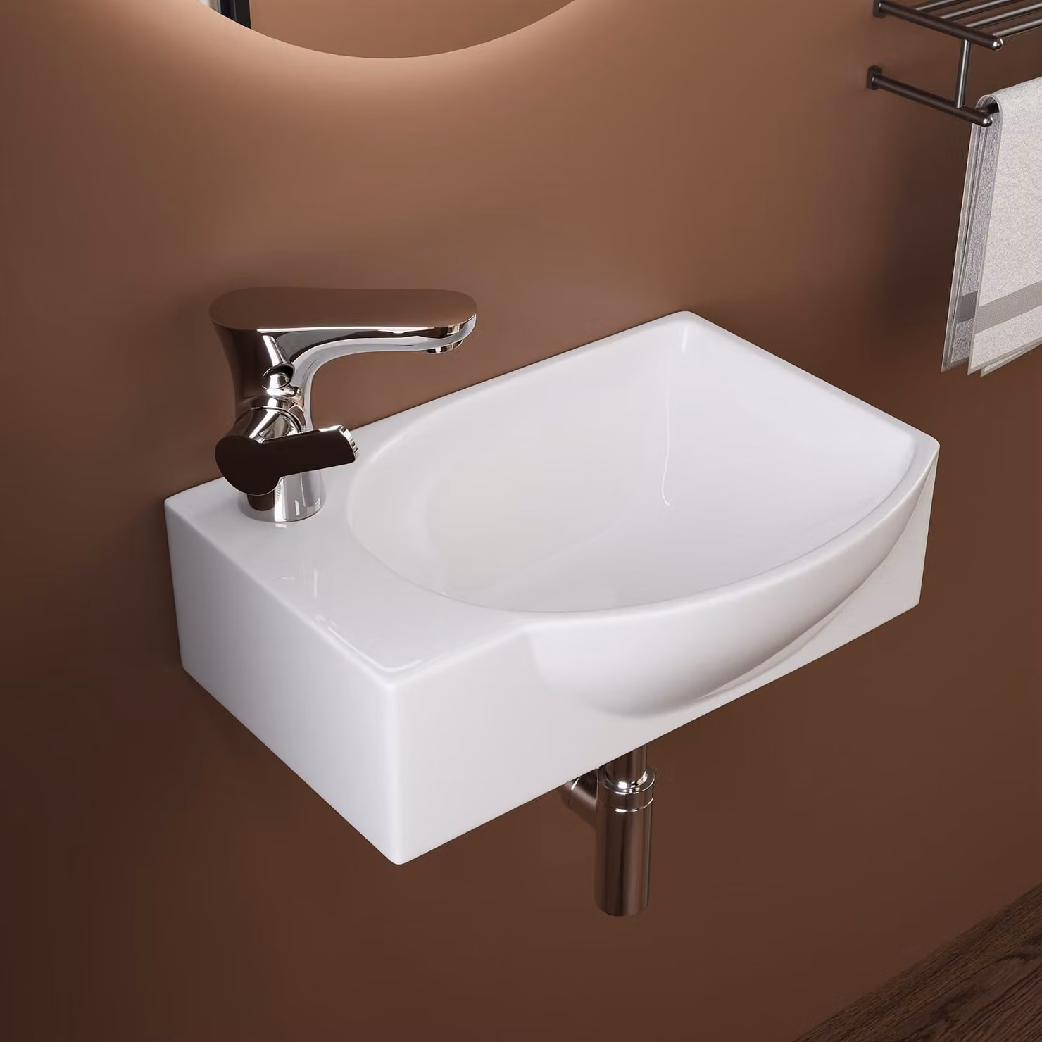 Lavabo da bagno con troppofilo, foro per il rubinetto a sinistra, 40x28 cm, bianco
