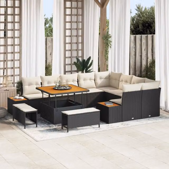 Set Divano da Giardino vidaXL a 11 Posti con Tavolino e Pouf, Design Moderno a U, Colore Nero e Beige – 1