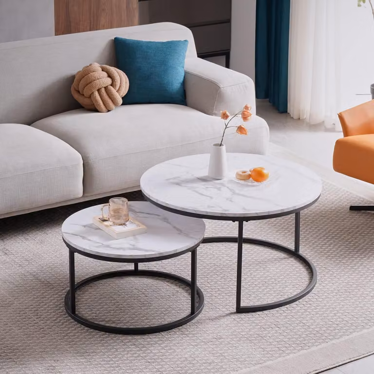 Set di 2 tavolini rotondi impilabili, bianco/nero, 80x80/60x60 cm, struttura in metallo