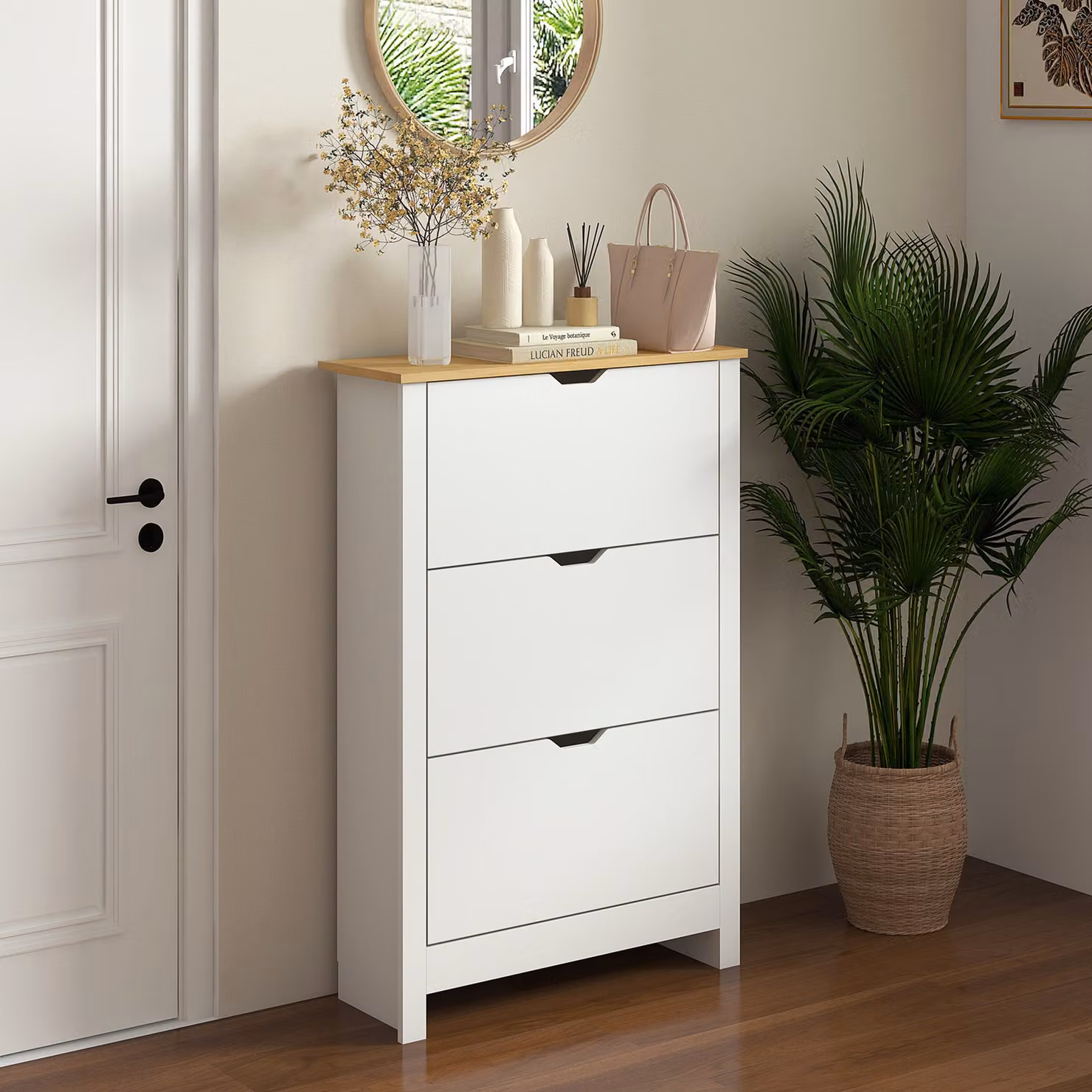 Scarpiera HOMCOM moderna con 3 scomparti per 18 paia di scarpe, Bianco e Marrone, L/P/H: 72 x 26 x 112 cm – 2