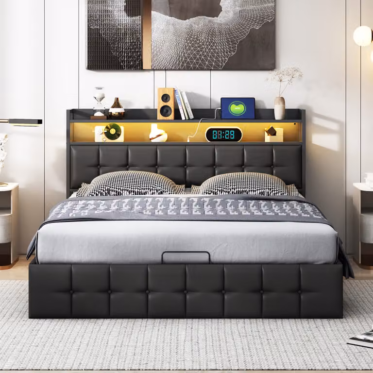 ProximaX Letto moderno imbottito inPoliuretano140x200 cm, nero, con illuminazione a LED sulla testata, connessione di ricarica USB, sospensione a gas, ampio spazio per la rete e testata imbottita: design elegante e pratico comfort per ogni camera da letto