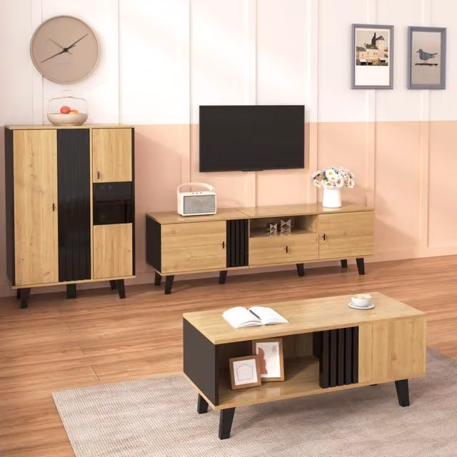 Set di mobili da soggiorno 3 pezzi con illuminazione LED; vetro e pannelli truciolari nero naturale
