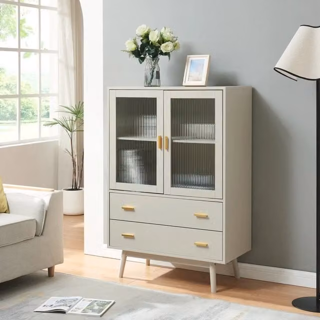 Credenza Susa en.casa con vetrina in vetro e 2 cassetti, colore beige, L: 120 cm, P: 40 cm, H: 80 cm