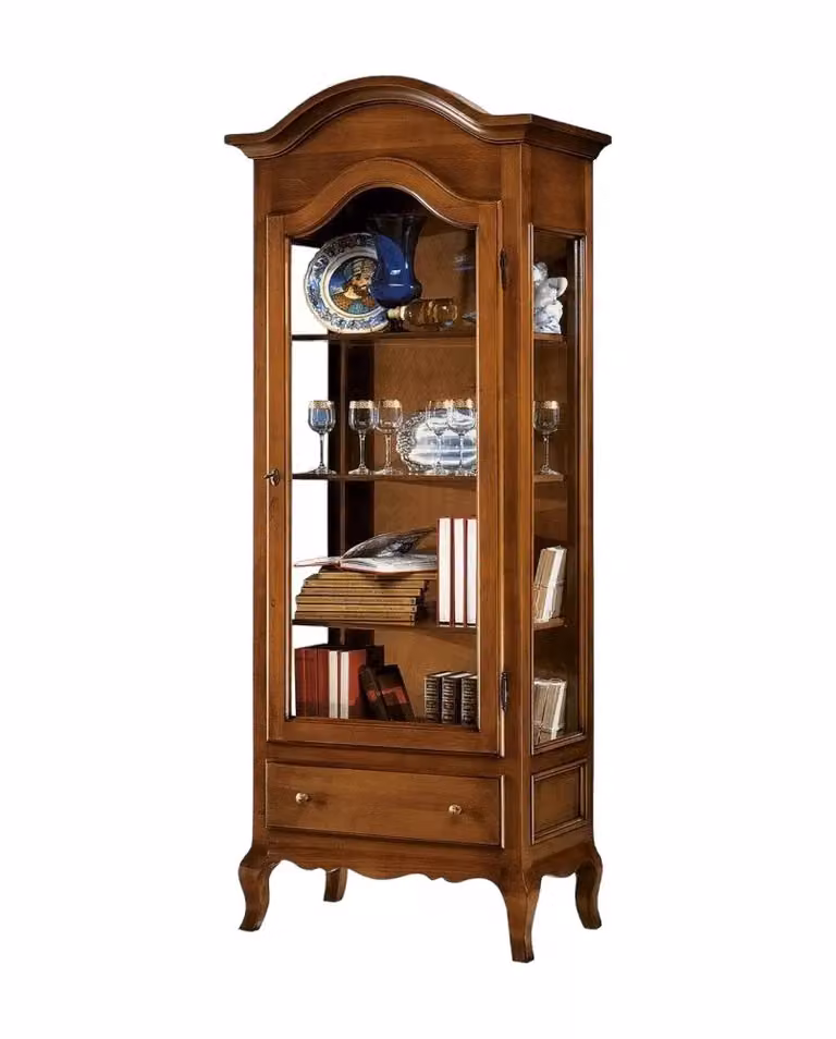 Vetrina Mobili 2G con porta in vetro e cassetto in legno color noce, L: 80 cm, P: 45 cm, H: 196 cm