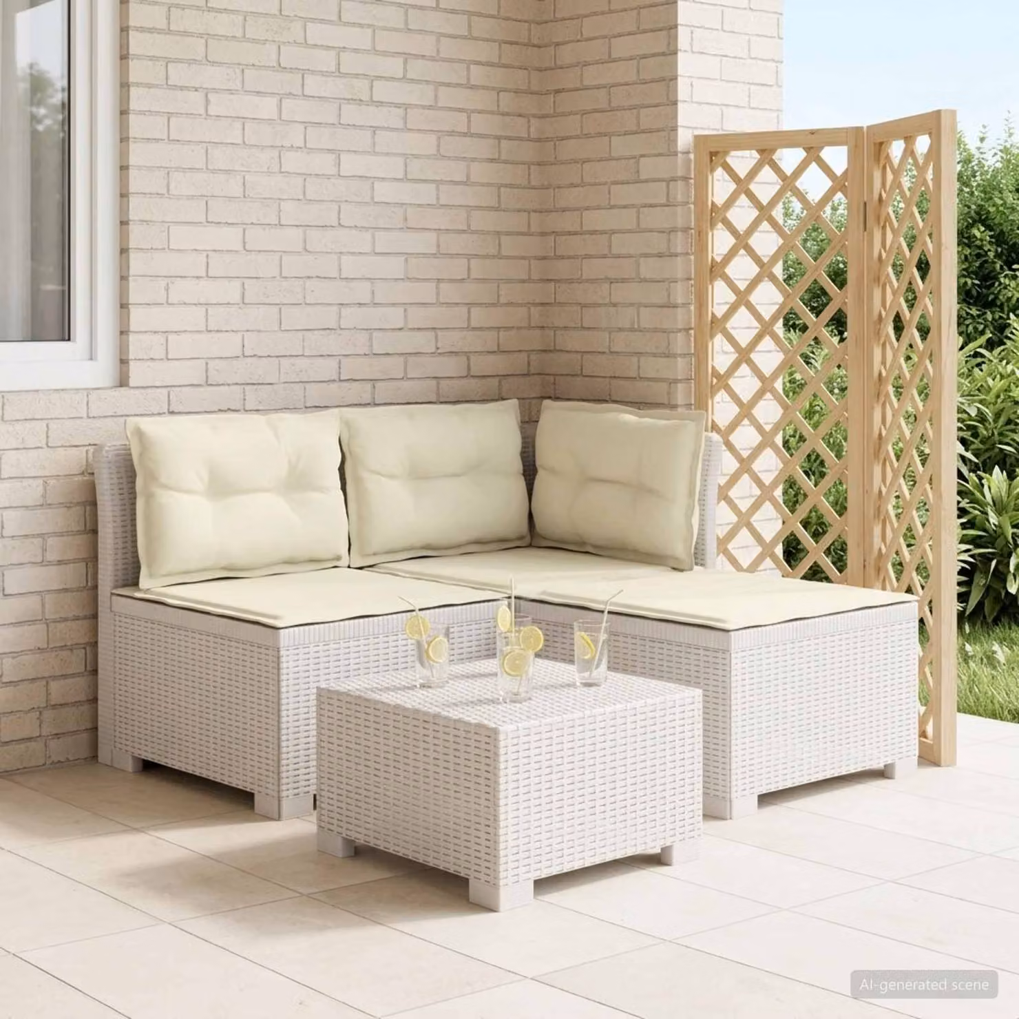 Divano da giardino a L vidaXL con cuscini beige e bianco, design moderno in look rattan resistente alle intemperie