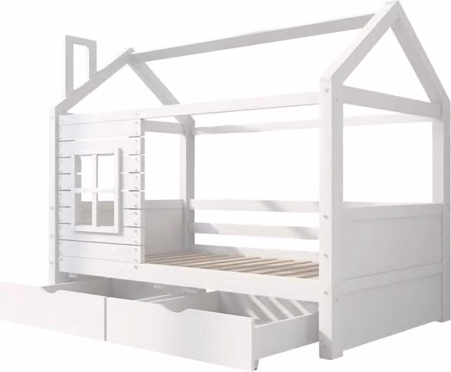 Letto per bambini in legno massiccio di pino 90x200 cm con protezioni anticaduta, cassetti contenitori e doghe, colore bianco