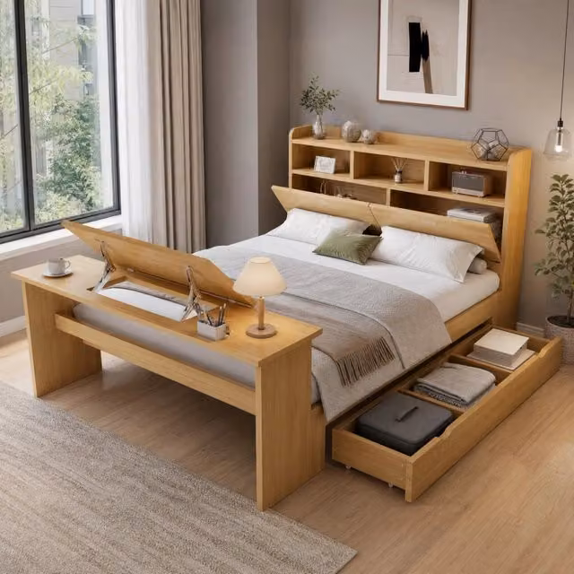 Letto ULEVR 140x200 cm con cassetto reversibile, ripiano testata e tavolo pieghevole regolabile, naturale