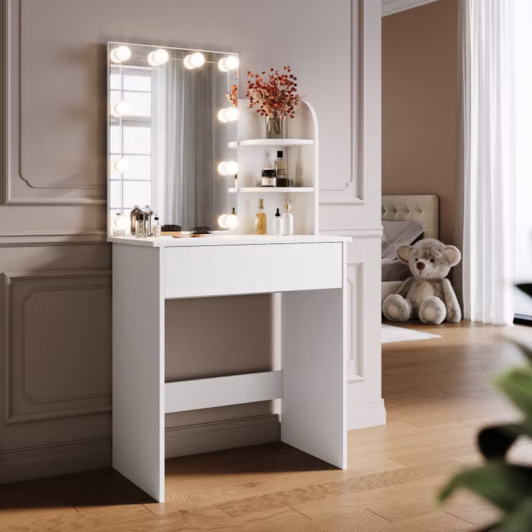 SONNI tavolo da toilette compatto bianco con lampade e specchio, con cassettiera, oscurabile, 70x40x140 centimetri.