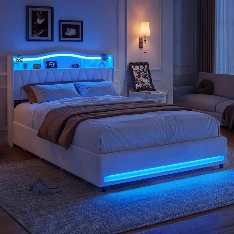 Letto imbottito ProximaX, 160x200 cm, beige, in velluto, con spazio contenitore, 4 cassetti, illuminazione LED e porta USB-C
