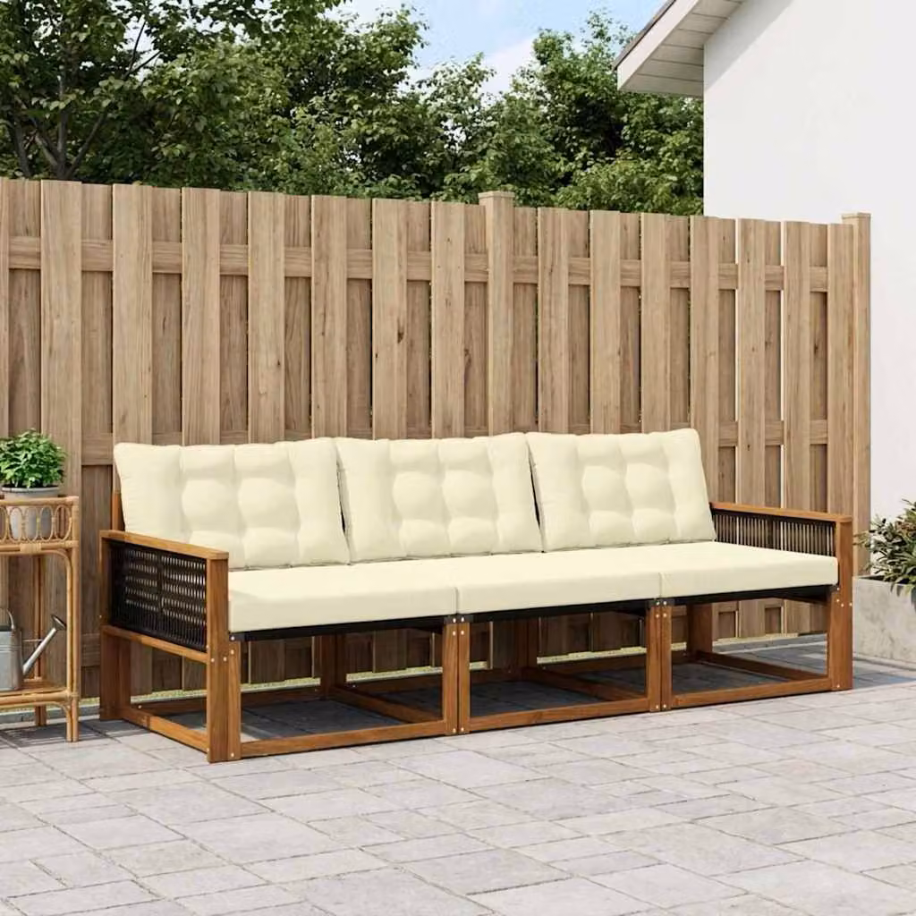 Set di divani da esterno vidaXL 3 pezzi in legno di acacia con cuscini in tessuto beige e crema