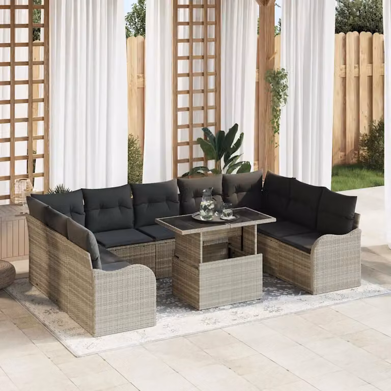 Set Divano da Giardino vidaXL 10 Pezzi Grigio con Tavolino e Cuscini in Poly Rattan e Acciaio