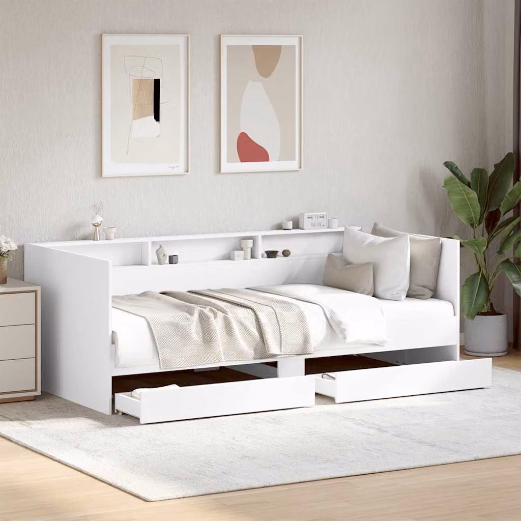 vidaXL Divano Letto Moderno con Cassetti in Tessuto Bianco L/P/H: 200 x 90 x 73 cm – 1