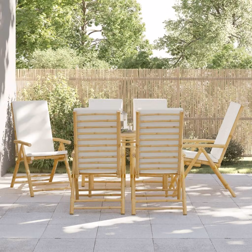 Set di 6 sedie da giardino reclinabili vidaXL in bambù con cuscini bianco e beige – 1