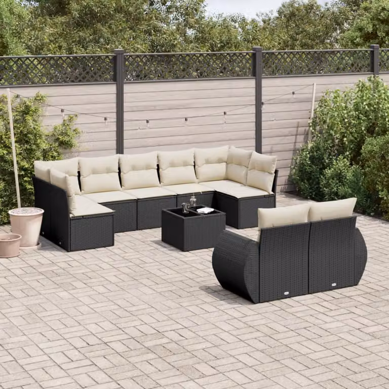 Set di divani da giardino a L vidaXL con cuscini e tavolino, struttura in metallo e rattan nero e bianco
