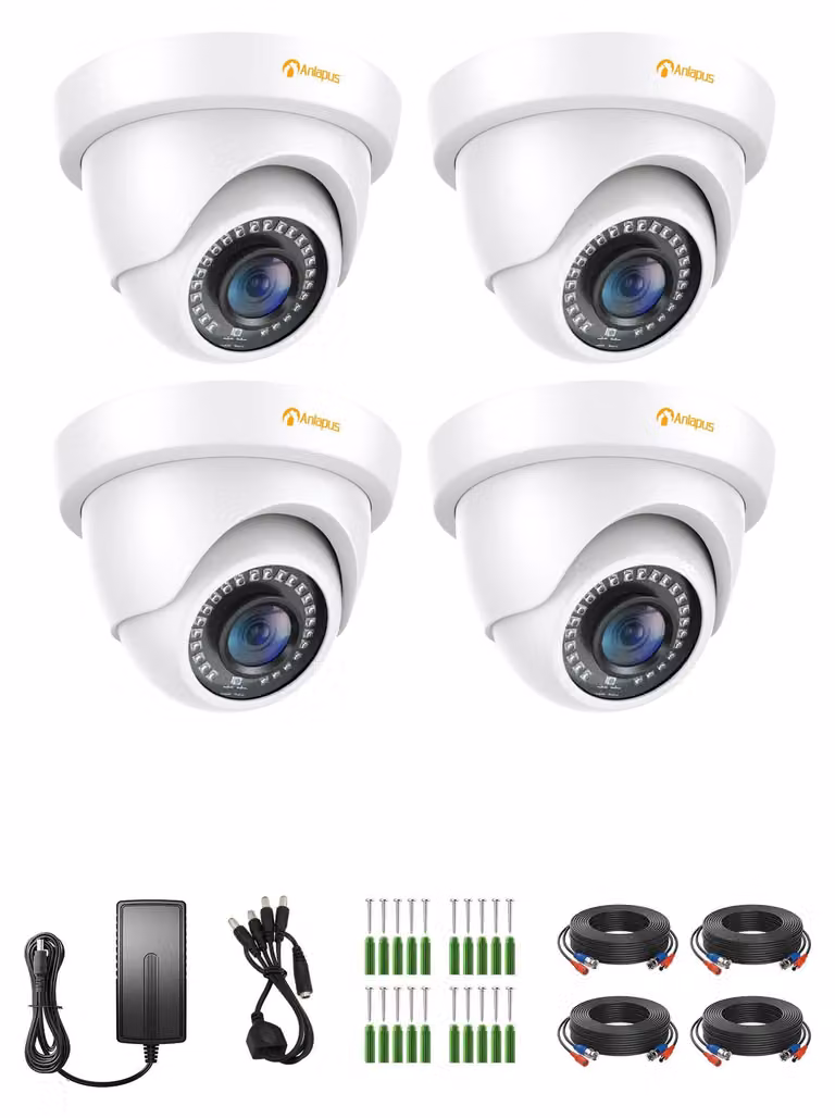 Kit di 4 telecamere dome per videosorveglianza esterna, risoluzione 1080P, con alimentatore e cavo video, uscita video TVI 1080P, visione notturna a infrarossi fino a 24 metri, impermeabili