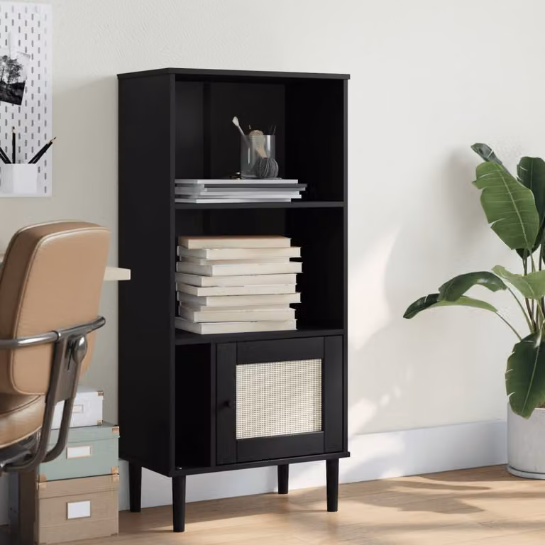Credenza vidaXL SENJA in legno di pino con aspetto rattan nera, L: 60 cm, P: 35 cm, H: 130 cm