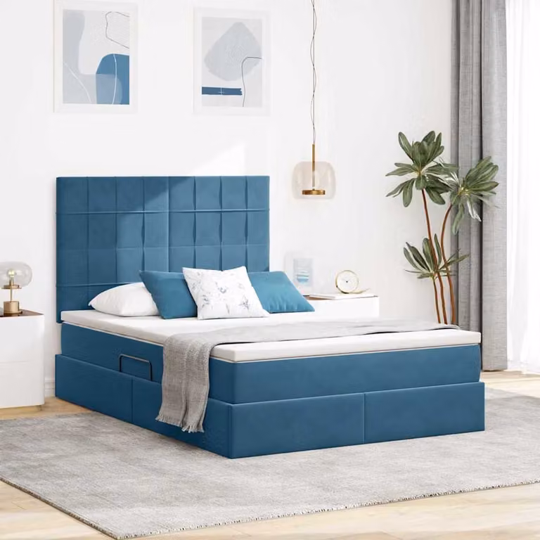 Letto con contenitore vidaXL in velluto blu scuro con illuminazione LED e porta USB, L/P/H: 140 x 200 x 128 cm