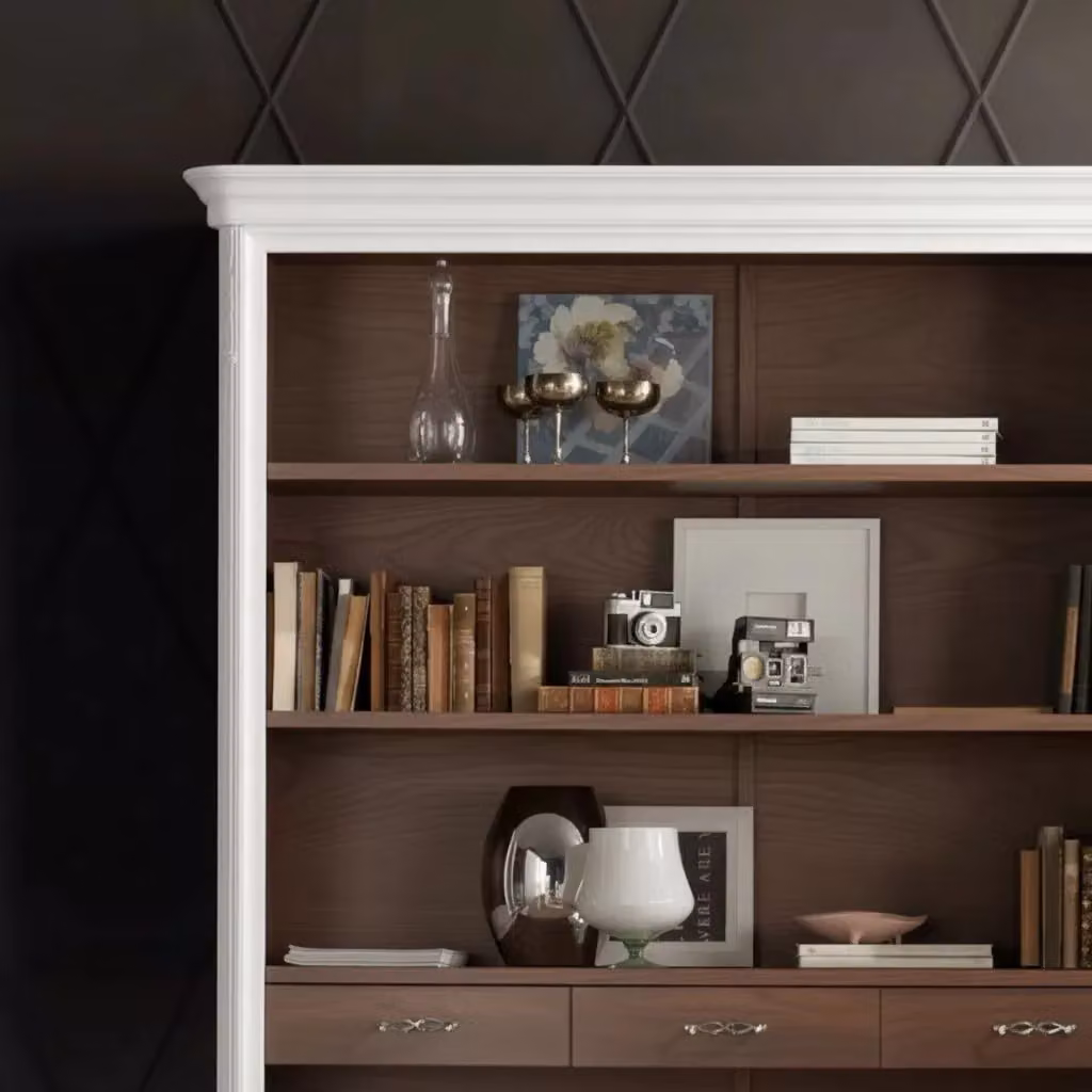 Libreria a giorno Mobili 2G in legno laccato con 3 cassetti, disponibile in bianco, marrone o beige, L: 161 cm, P: 48 cm, H: 215 cm – 3