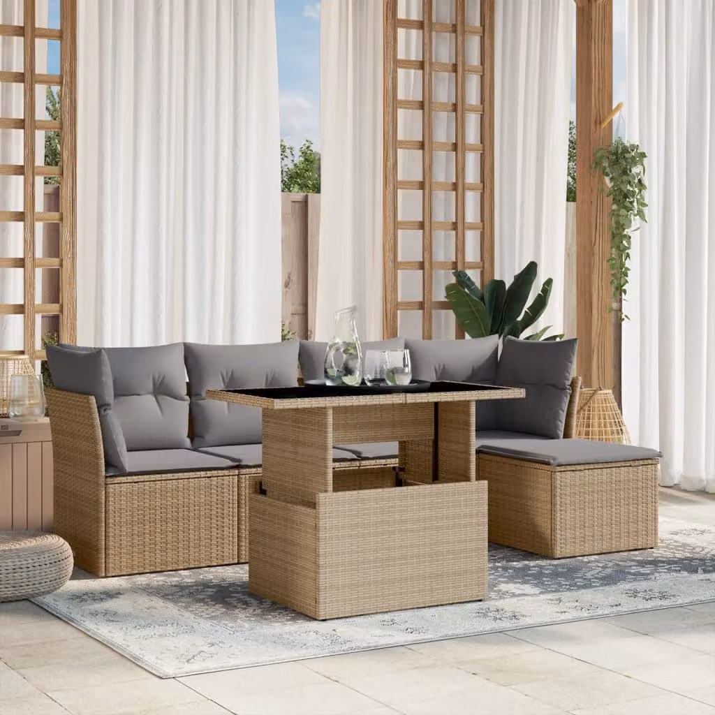 vidaXL Set Divano da Giardino a L 6 pz con Cuscini Beige e Tavolino in Vetro – 1