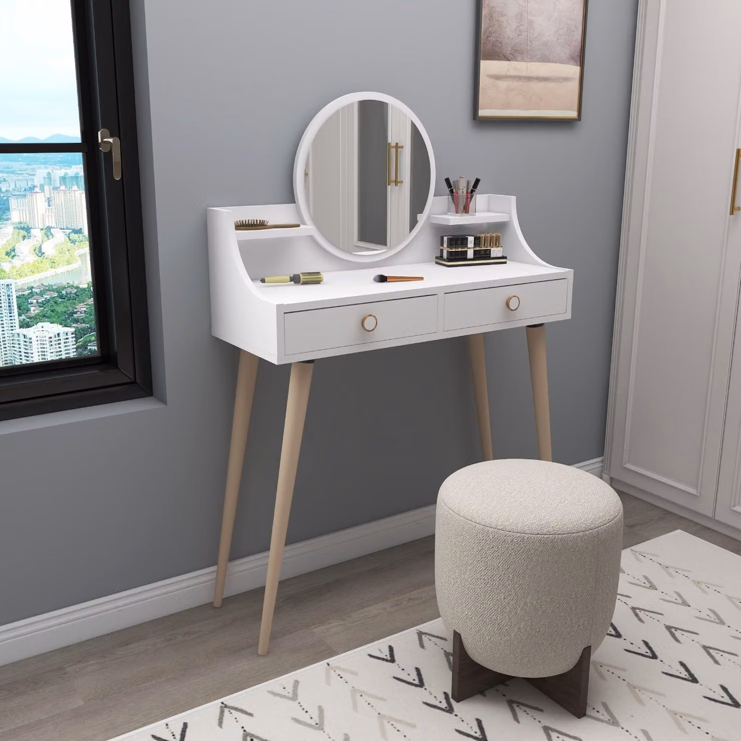 Skye Decor, Roys - Bianco, Tavolino da toilette, Bianco, 100 % SCHEDE RIVESTITE IN MELAMINA, 90 x 35 x 131 cm