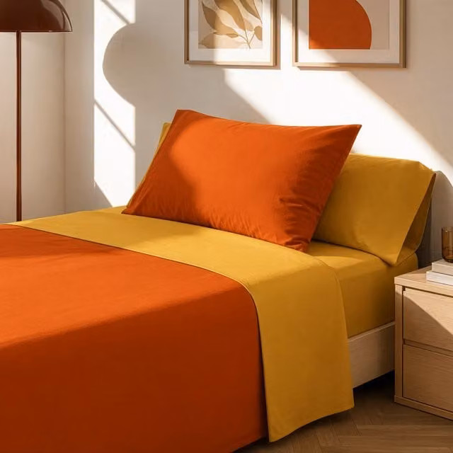 Completo letto 1 piazza e mezza Manopesca in microfibra bicolore ruggine e arancione, traspirante e anallergico, 120x200 cm