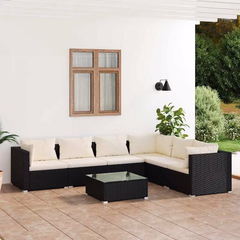 Set Salotto da Giardino vidaXL 7 Pezzi in Polyrattan Nero con Cuscini Beige e Struttura in Acciaio